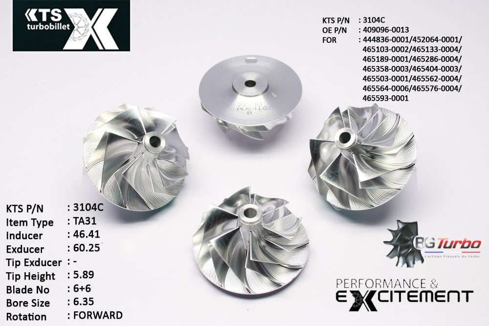 Turbo ROUE FORGÉE MFS PERFORMANCE - 6+6 PALES - INDUCER : 46,41 - EXDUCER : 60,25 - TYPE : TA31
ANGLE : 60° - ROTATION : Forward - SUPER BACK : 3,81 - BORE SIZE : 6,35
